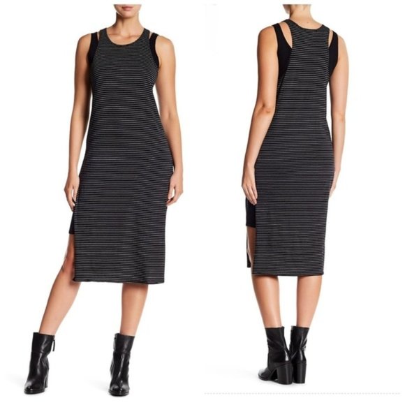Michael Stars Black Gray Striped Midi Dress Side Slit High Neck Bodycon Casual M - Picture 1 of 10